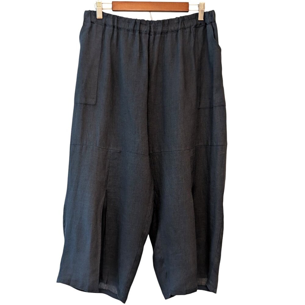 Pure Venice Women Sz M Blue 100% Linen Elastic Waist Pockets Wide Leg Crop Pants